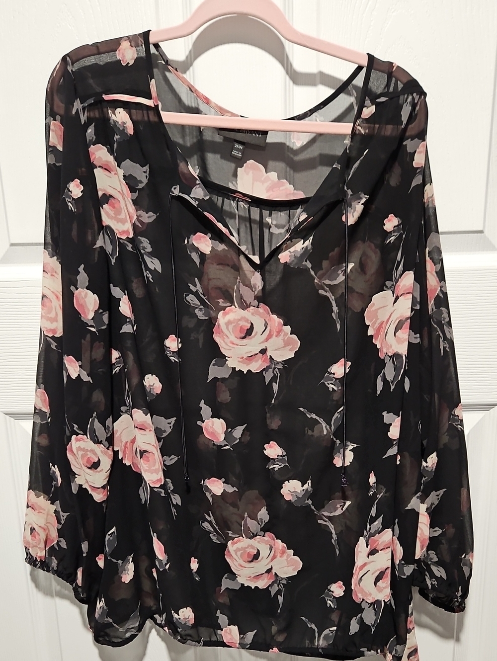 Lane Bryant Black Sheer Floral Blouse with Pink Roses